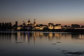 Mantova Night Sunset with the lights on the shore