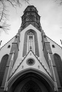 black and white photo of the front facade of the church