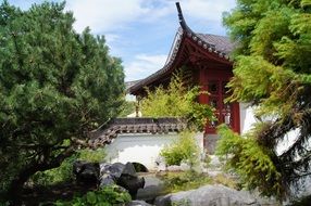 chinese house behind green trees