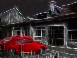 graphic drawing of a car near the house at night
