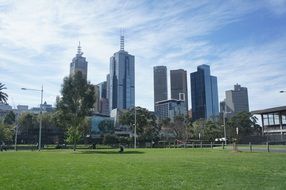 park in front of skyscrapers in melbourne