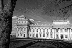 Classic palace in park, black and white