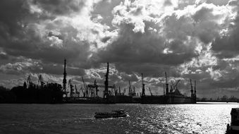 black and white photo of a port in hamburg