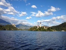 distant view from the lake over the city of Bled in Slovenia