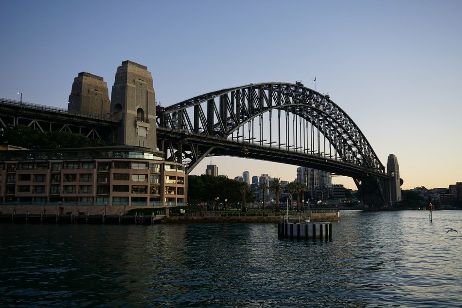 view of the Harbor Bridge at dusk