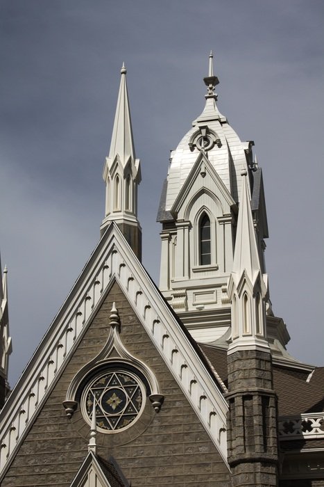 spires of Assembly Hall historical building at sky, usa, Utah, Salt Lake City