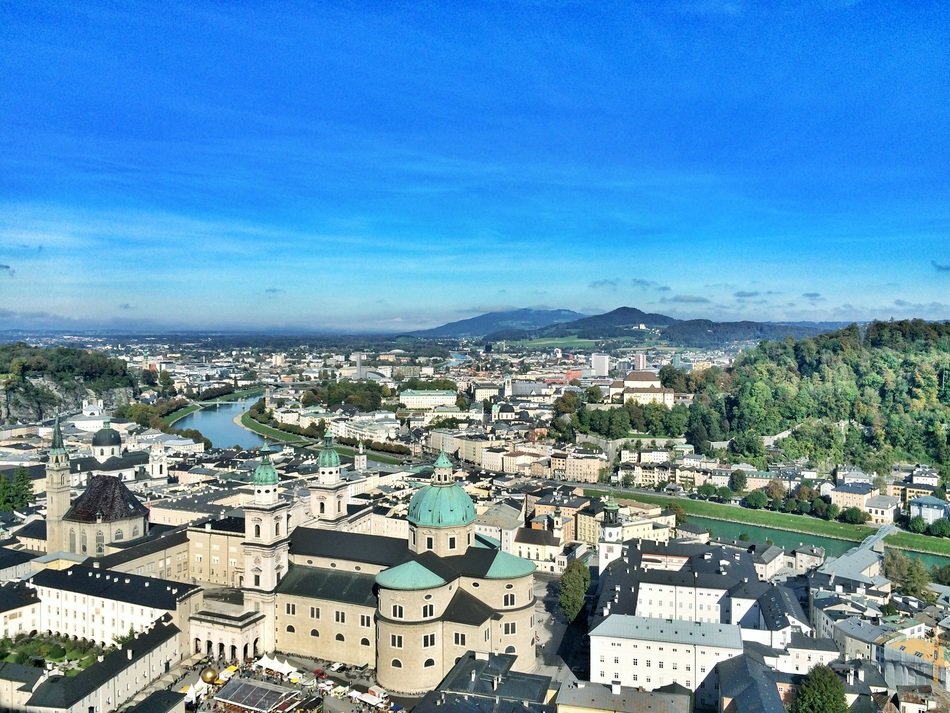 Salzburg Cathedral, Hohensalzburg Fortress, University of Salzburg, aerial view
