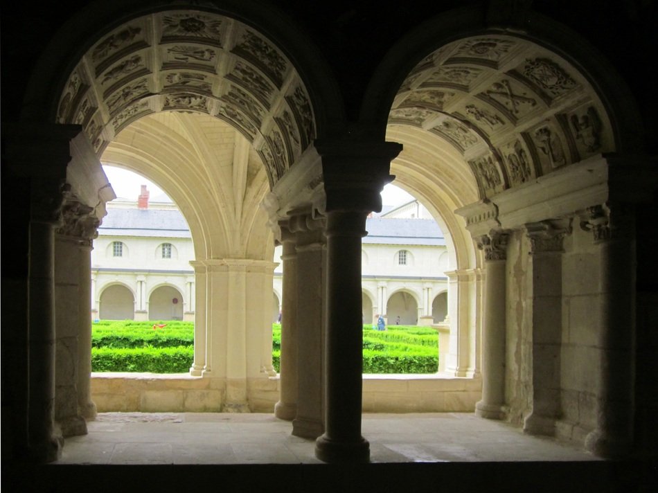 arched Cloister of gothic Fontevraud Abbey, France