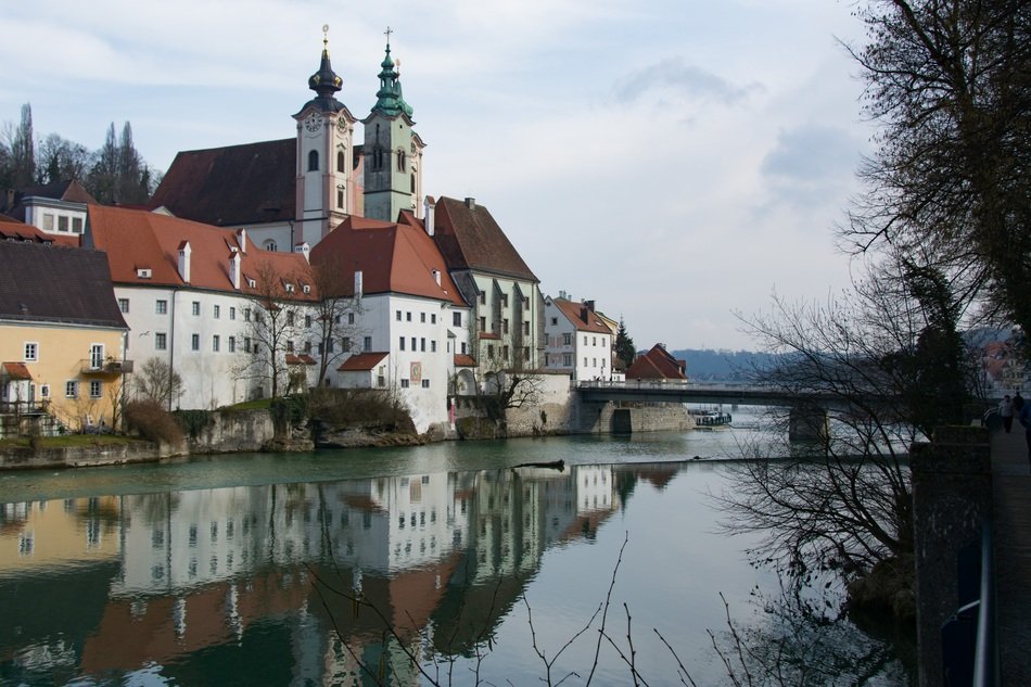 old european city by the pond