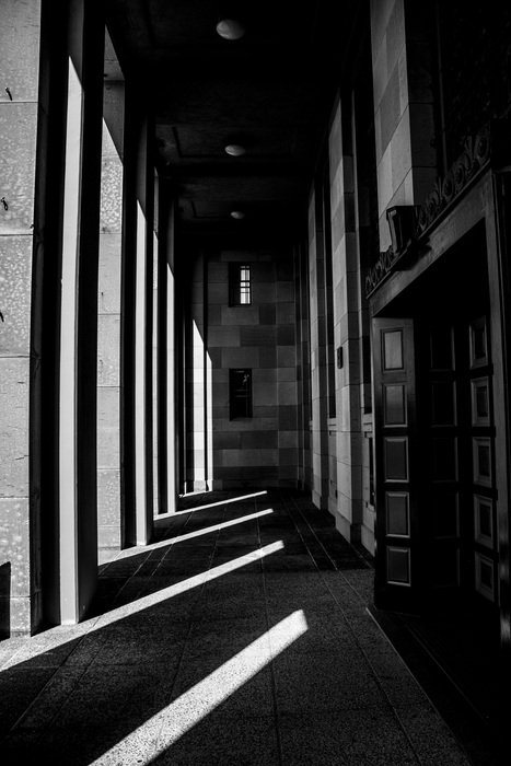 shadows play in columnar, black and white