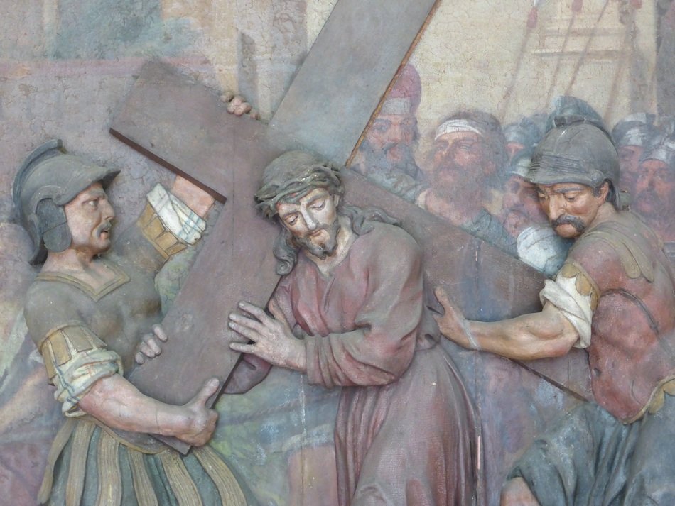 relief on a Czech building Jesus with a cross