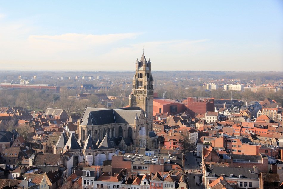 view of the sloping roofs and the bell tower in Belgium
