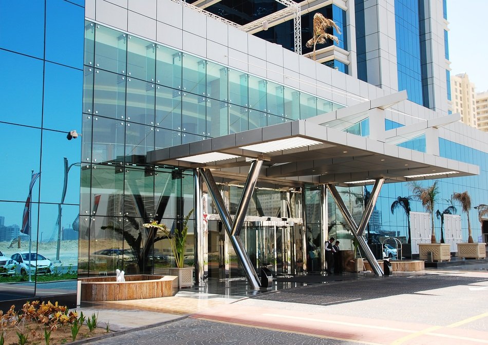 glass entrance area at a hotel in Dubai