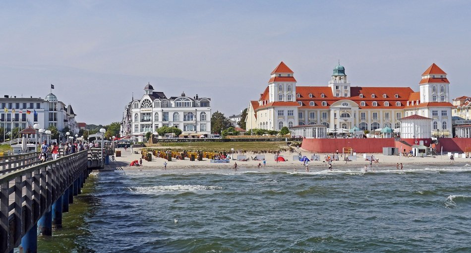 the beach, the bridge and white buildings