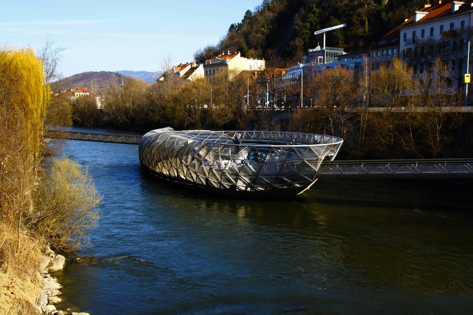 artificial floating island on the Mur River in Austria