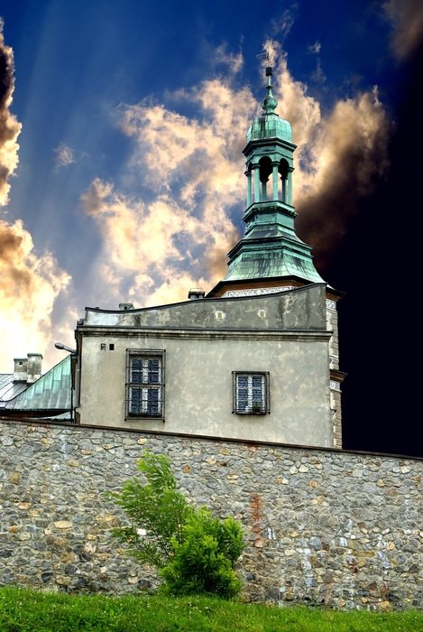 beautiful church on the background of sunrise in Kielce, Poland