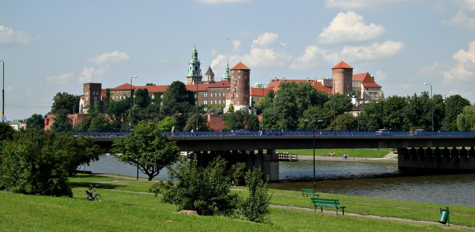 landscape of bridge over the river against the background of a castle in poland
