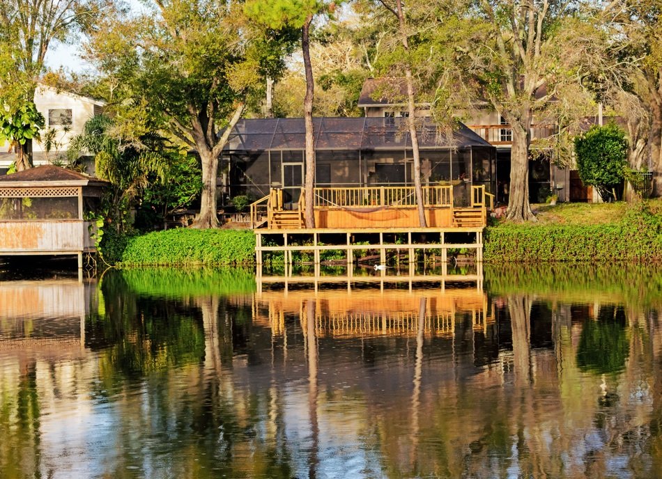 House near the lake in the forest