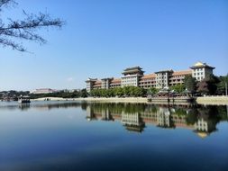 reflection of the architecture of the city of Xiamen in a calm lake