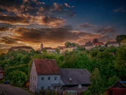 beautiful panorama of a village house in Bartoszyce at sunset