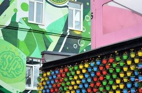 flowers in colorful pots on wall near mural, russia, moscow