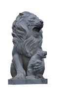 stone statue of a lion with a cub on white background
