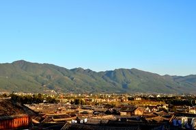 panorama of the village at the foot of the mountains