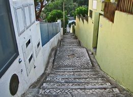 stone Stairs leading Down narrow street, portugal, estoril