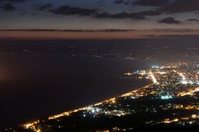 aerial view of the night city of kalamata in greece