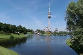 tv tower near a lake in munich