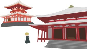 Drawing of the red and white temple in Japan at white background