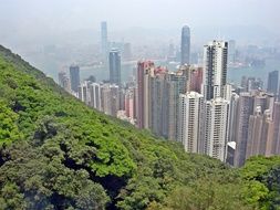 skyscrapers of hongkong behind the mountain