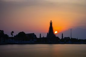 buddhist Buildings silhouettes at Sunset sky, thailand