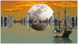 huge moon in the city digital painting at colorful sky background with the clouds