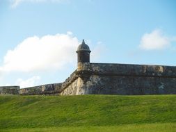 castle as a fortress on a green hill at blue sky background with white clouds