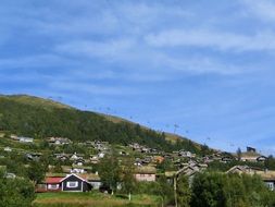 Village houses on hillside, summer landscape, norway