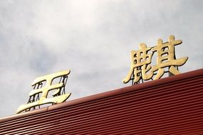 golden hieroglyphs on the roof of the house in the forbidden city in china