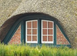 large window in the house with a reed roof