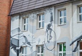 facade of a building with different images