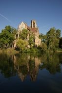 landscape of Historic Church on a lake bank