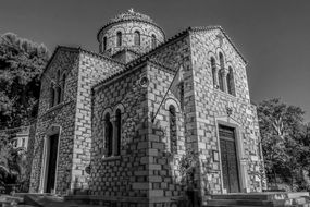 black and white photo of an orthodox church in greece