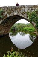 reflection of the arch of a stone bridge in a river