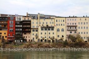 apartments in row along river bank, germany, Wasserburg Am Inn