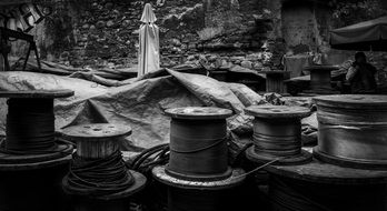 wire on steel coils in black and white image