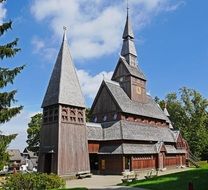 wooden church with spiers