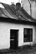 old stone house, black and white