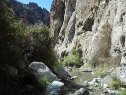 hiker at the foot of the mountain on a sunny day