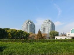 distant view of two tall buildings in shanghai