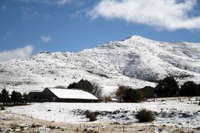 house near the mountain in the snow in winter