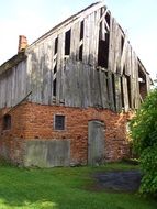 collapsed house near the green bush